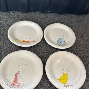Set of 4 White Ceramic Spring Plates with Hand-Painted Easter Motifs